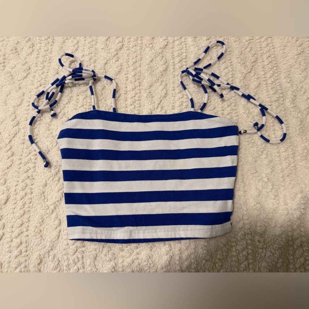Allegra K Blue and White Striped Tie-Shoulder Crop Top